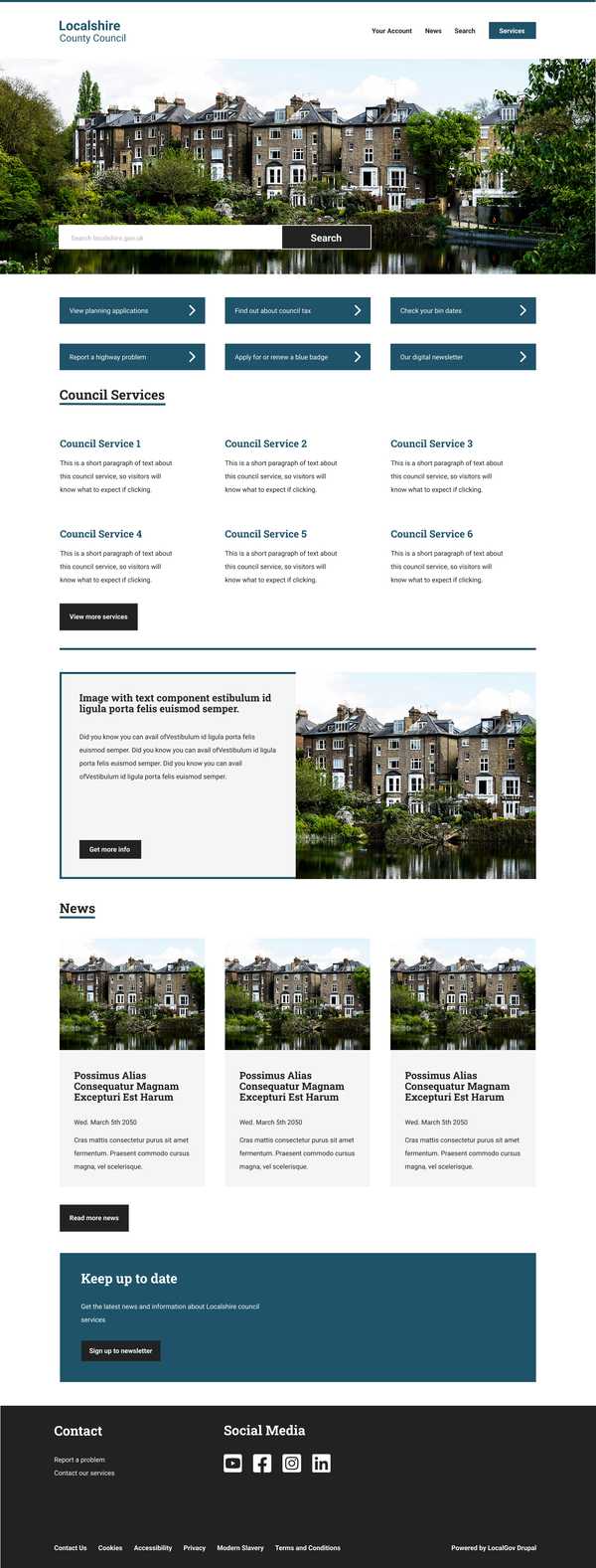LocalGov Drupal Homepage Design from the "Build a LocalGov Drupal Website" Course